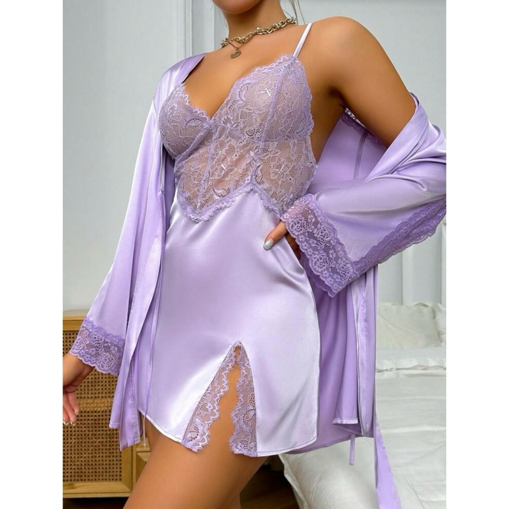 Lace details, satin sexy lounge set - M